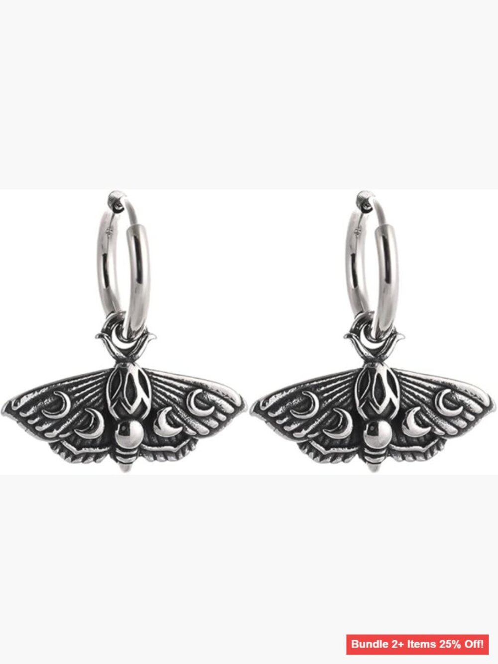 Stainless Steel Luna Moth Hoop Earrings with Moon Phase Dangles